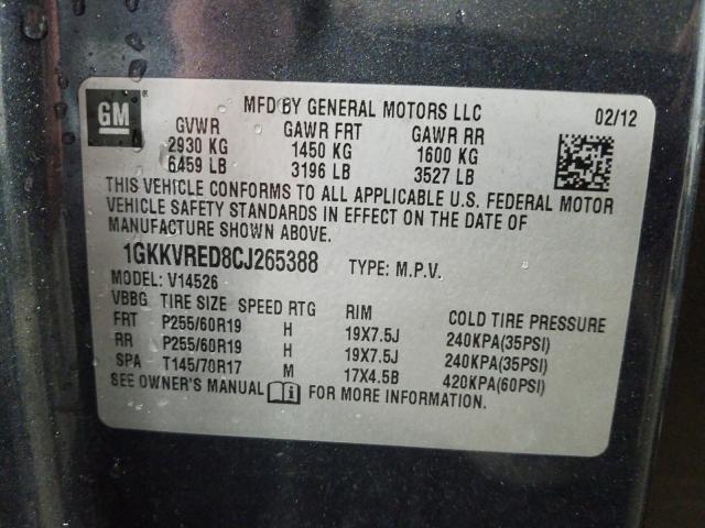 2012 GMC ACADIA SLT 1GKKVRED8CJ265388