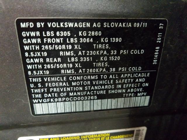 2012 VOLKSWAGEN TOUAREG V6 WVGFK9BP0CD003265