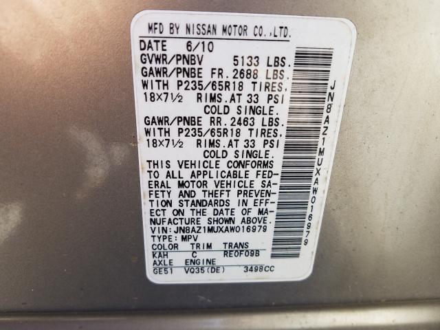 2010 NISSAN MURANO S JN8AZ1MUXAW016979