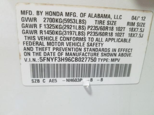 2012 HONDA PILOT TOUR 5FNYF3H96CB027750