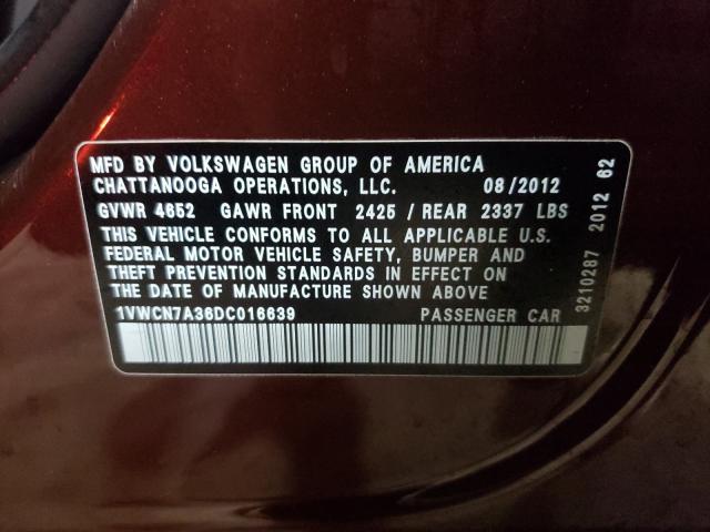 2013 VOLKSWAGEN PASSAT SEL 1VWCN7A36DC016639