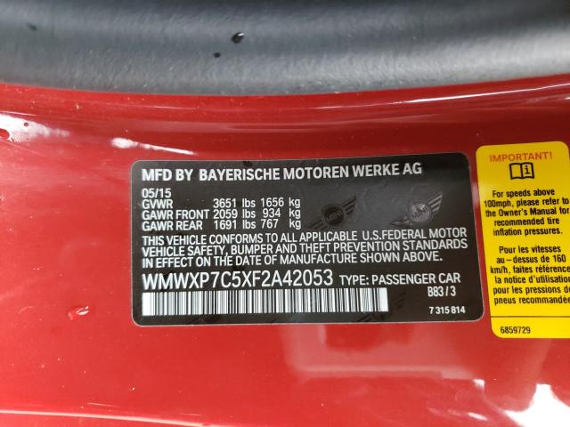 2015 MINI COOPER S WMWXP7C5XF2A42053