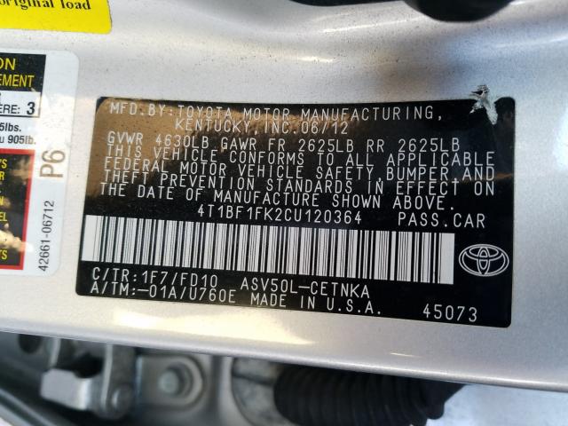 2012 TOYOTA CAMRY 4T1BF1FK2CU120364