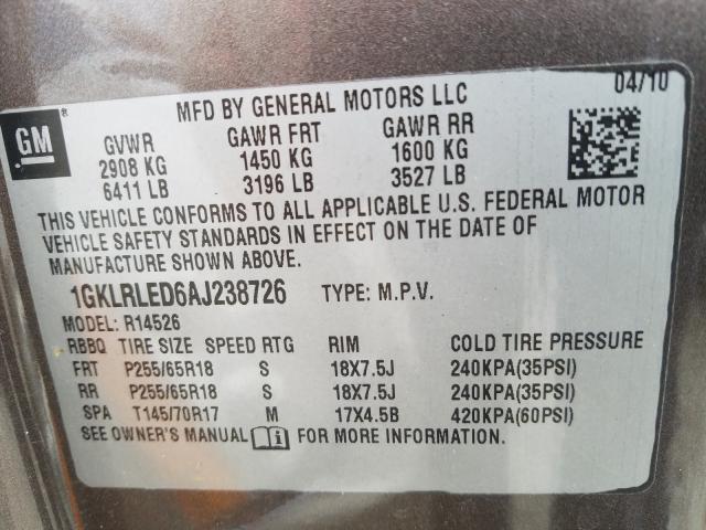 2010 GMC ACADIA SLE 1GKLRLED6AJ238726