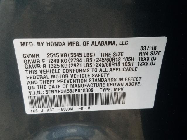 2018 HONDA PILOT EXL 5FNYF5H56JB018309