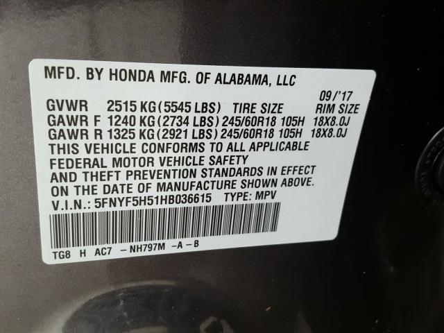 2017 HONDA PILOT EXL 5FNYF5H51HB036615