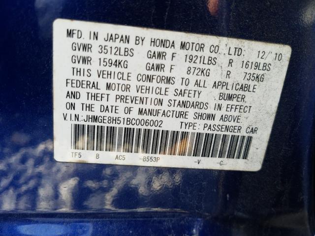 2011 HONDA FIT SPORT JHMGE8H51BC006002
