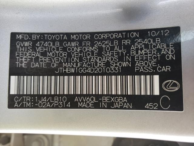 2013 LEXUS ES 300H JTHBW1GG4D2010331