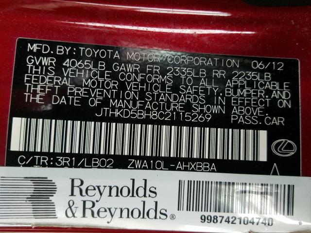 2012 LEXUS CT 200 JTHKD5BH8C2115269