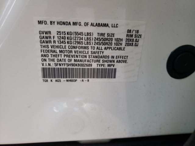 2019 HONDA PILOT TOUR 5FNYF5H90KB002689