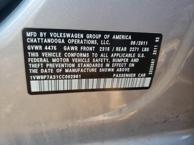 2012 VOLKSWAGEN PASSAT SE 1VWBP7A31CC002961