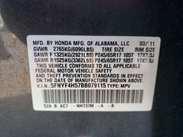 2011 HONDA PILOT EXL 5FNYF4H57BB079115