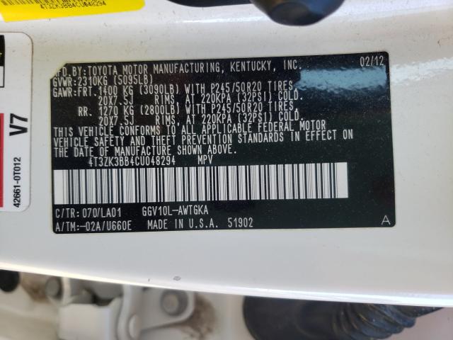 2012 TOYOTA VENZA LE 4T3ZK3BB4CU048294