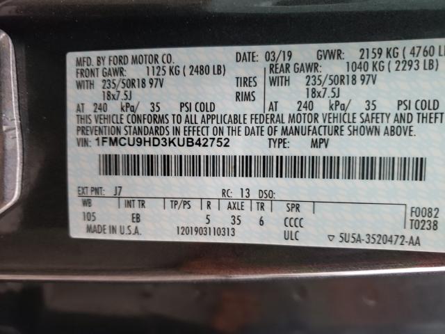 2019 FORD ESCAPE SEL 1FMCU9HD3KUB42752