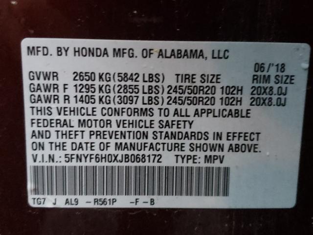 2018 HONDA PILOT ELIT 5FNYF6H0XJB068172