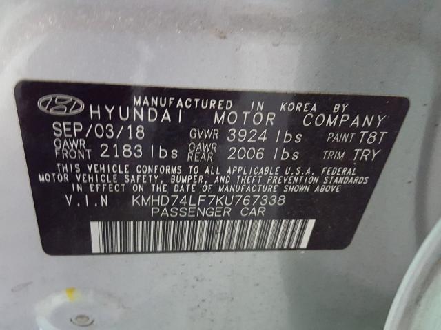 2019 HYUNDAI ELANTRA KMHD74LF7KU767338