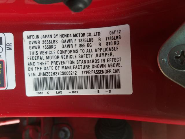 2012 HONDA INSIGHT JHMZE2H37CS006212