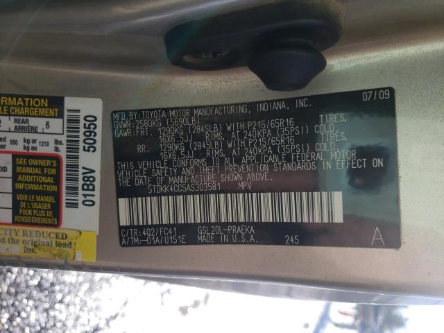 2010 TOYOTA SIENNA CE 5TDKK4CC5AS303581