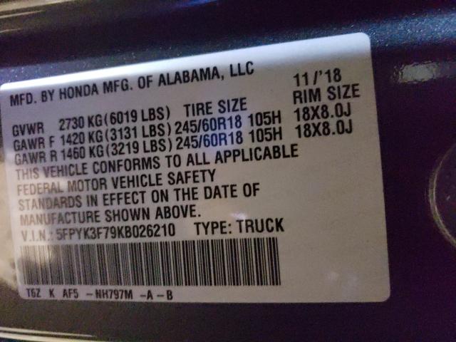 2019 HONDA RIDGELINE 5FPYK3F79KB026210