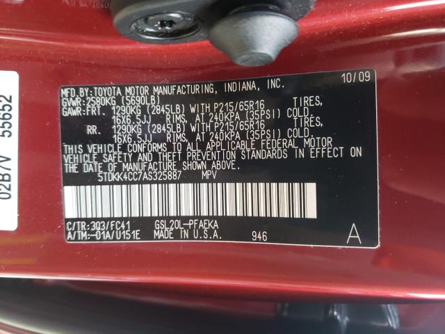2010 TOYOTA SIENNA CE 5TDKK4CC7AS325887