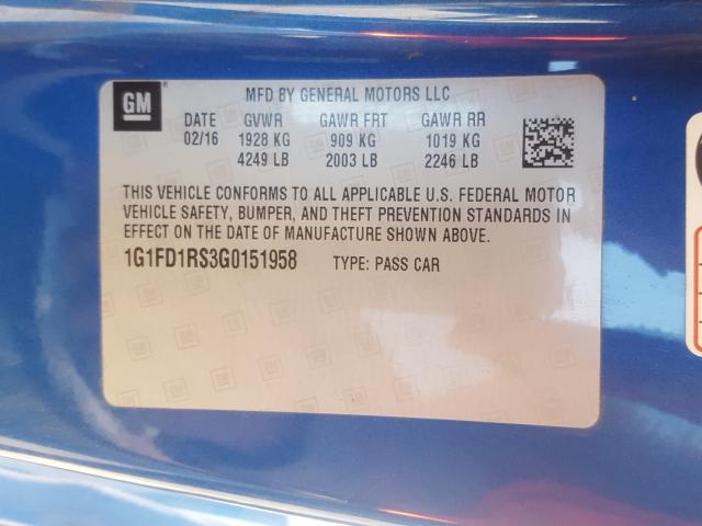 2016 CHEVROLET CAMARO LT 1G1FD1RS3G0151958