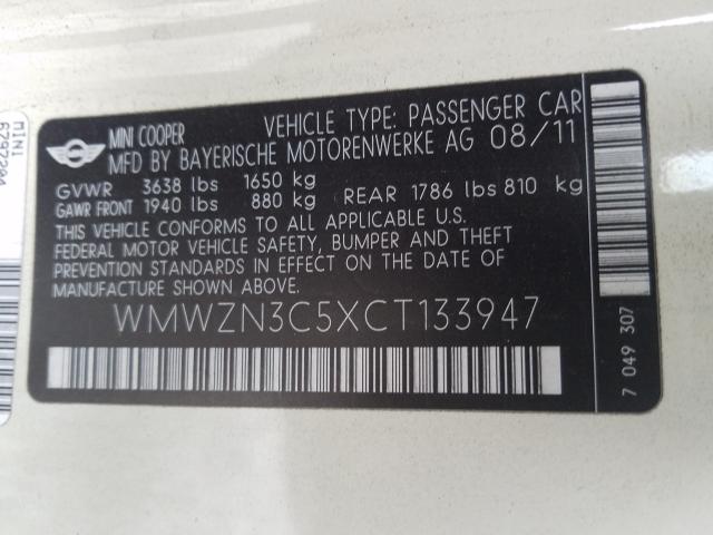2012 MINI COOPER WMWZN3C5XCT133947