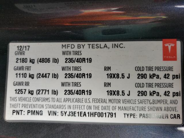 2017 TESLA MODEL 3 5YJ3E1EA1HF001791
