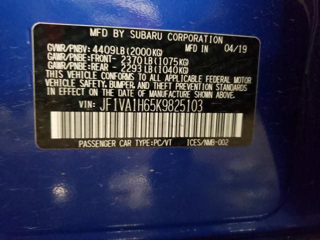 2019 SUBARU WRX LIMITE JF1VA1H65K9825103
