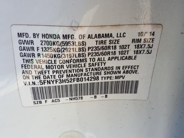 2015 HONDA PILOT EXL 5FNYF3H52FB014298