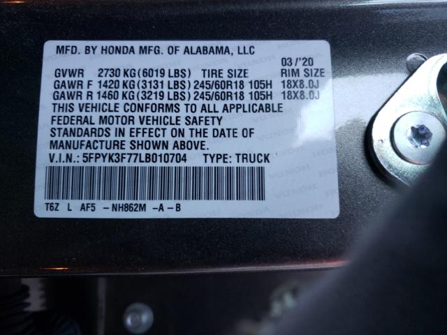 2020 HONDA RIDGELINE 5FPYK3F77LB010704