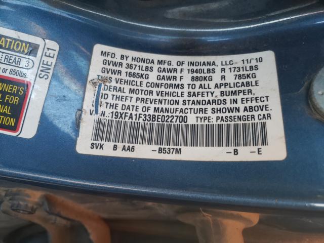 2011 HONDA CIVIC VP 19XFA1F33BE022700