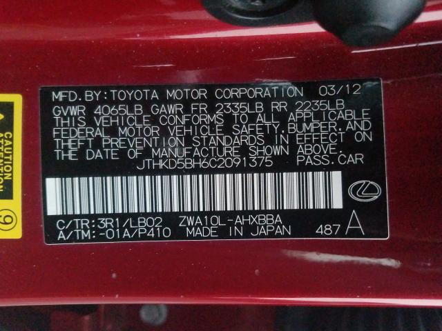 2012 LEXUS CT 200 JTHKD5BH6C2091375