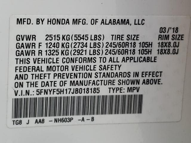 2018 HONDA PILOT LX 5FNYF5H17JB018185