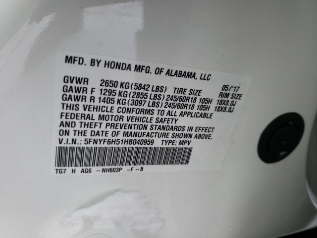 2017 HONDA PILOT EXL 5FNYF6H51HB040959