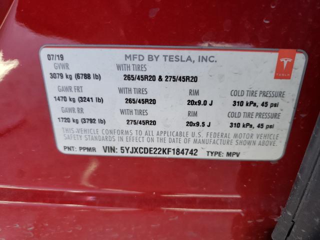 2019 TESLA MODEL X 5YJXCDE22KF184742