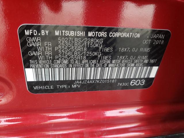 2019 MITSUBISHI OUTLANDER JA4JZ4AX7KZ015181