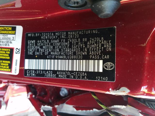 2020 TOYOTA CAMRY XLE 4T1F11AK9LU388030