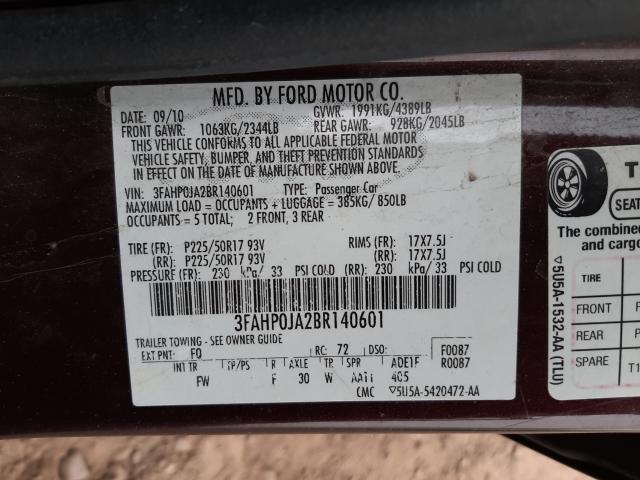 2011 FORD FUSION 3FAHP0JA2BR140601