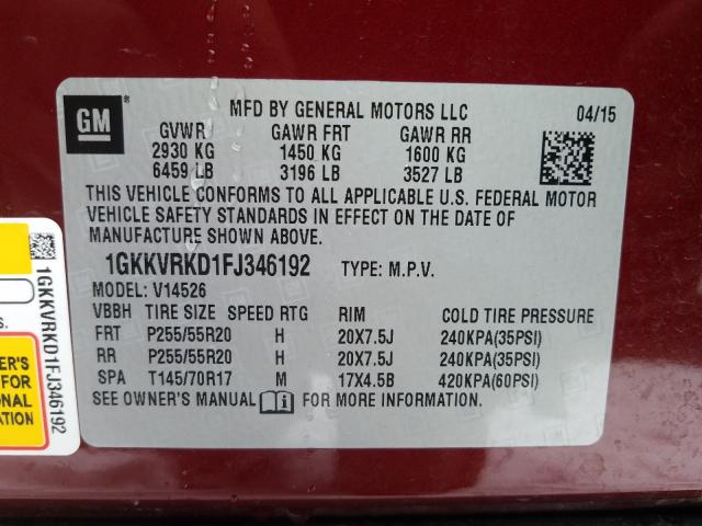 2015 GMC ACADIA SLT 1GKKVRKD1FJ346192