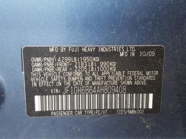 2010 SUBARU IMPREZA 2. JF1GH6B64AH809408