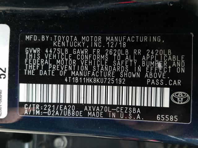 2019 TOYOTA CAMRY L 4T1B11HK8KU725192