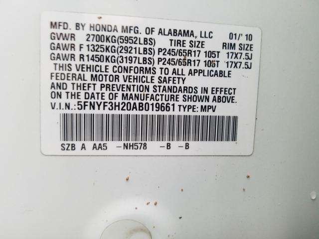 2010 HONDA PILOT LX 5FNYF3H20AB019661