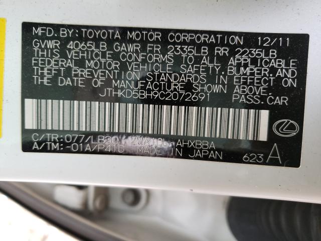 2012 LEXUS CT 200 JTHKD5BH9C2072691