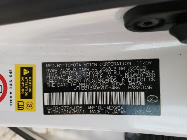 2010 LEXUS HS 250H JTHBB1BA0A2015486