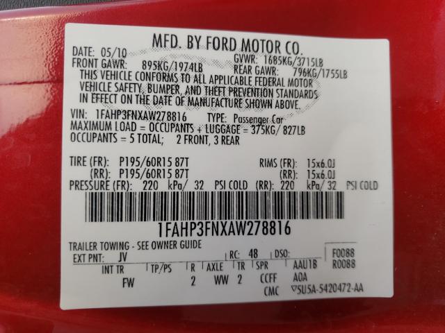 2010 FORD FOCUS 1FAHP3FNXAW278816