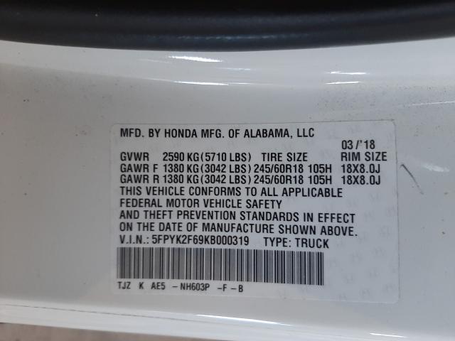 2019 HONDA RIDGELINE 5FPYK2F69KB000319