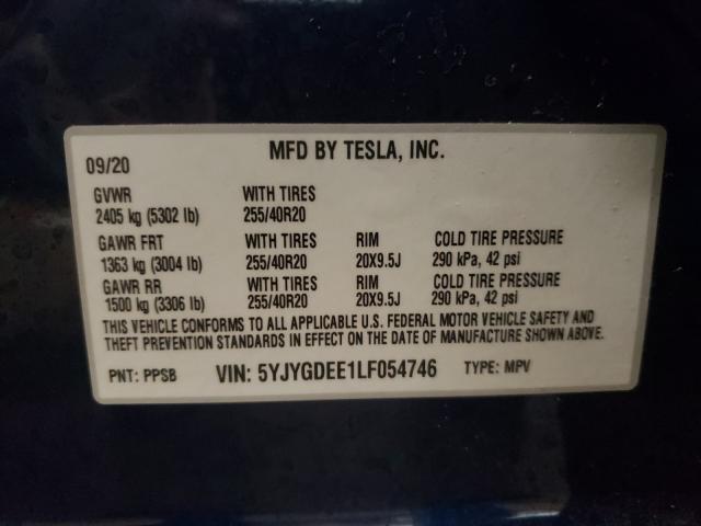 2020 TESLA MODEL Y 5YJYGDEE1LF054746