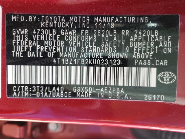 2019 TOYOTA AVALON XLE 4T1BZ1FB2KU023123