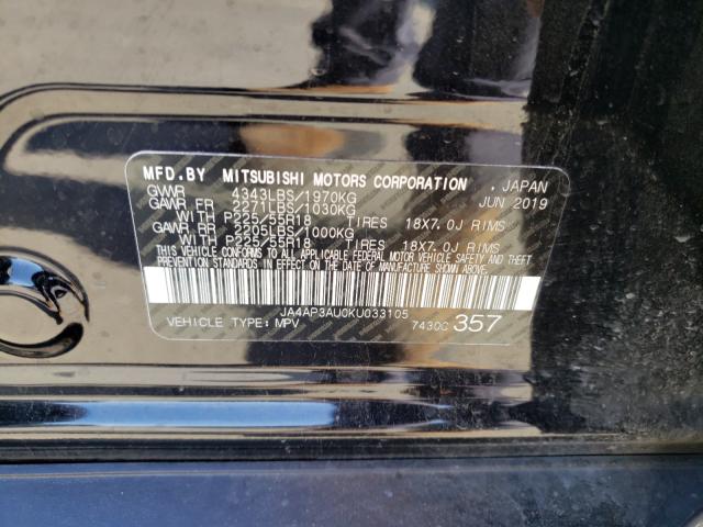 2019 MITSUBISHI OUTLANDER JA4AP3AU0KU033105