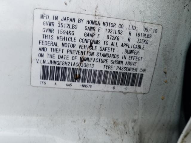 2010 HONDA FIT JHMGE8H21AC030613